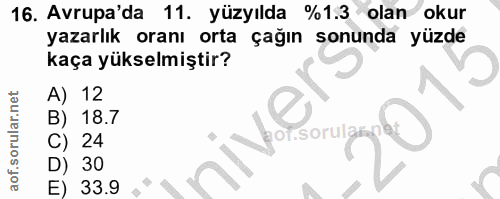 16. soru: Avrupa'da 11. yüzyılda %1.3 olan okur yazarlık oranı orta çağın sonunda yüzde kaça yükselmiştir? A) 12 B) 18.7 C) 24…