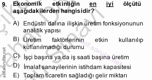 9. soru: Ekonomik etkinliğin en iyi ölçütü aşağıdakilerden hangisidir? A) Endüstri dalına ilişkin üretim fonksiyonunun analiti…