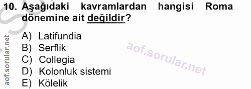 10. soru: Aşağıdaki kavramlardan hangisi Roma dönemine ait değildir? A) Latifundia B) Serflik C) Collegia D) Kolonluk sistemi E…