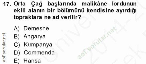 17. soru: Orta Çağ başlarında malikâne lordunun ekili alanın bir bölümünü kendisine ayırdığı topraklara ne ad verilir? A) Demes…