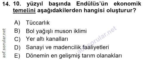 14. soru: 10. yüzyıl başında Endülüs'ün ekonomik temelini aşağıdakilerden hangisi oluşturur? A) Tüccarlık B) Bol yağışlı muson…