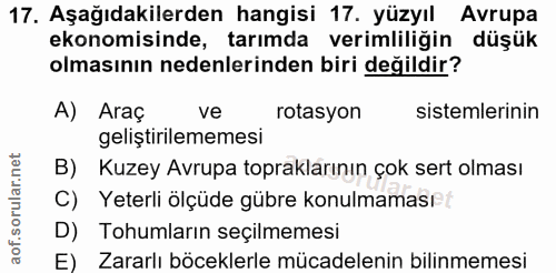 17. soru: Aşağıdakilerden hangisi 17. yüzyıl Avrupa ekonomisinde, tarımda verimliliğin düşük olmasının nedenlerinden biri değil…