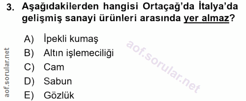 3. soru: Aşağıdakilerden hangisi Ortaçağ'da Italya'da gelişmiş sanayi ürünleri arasında yer almaz? A) Ipekli kumaş aof.sol B)…