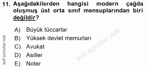 11. soru: Aşağıdakilerden hangisi modern çağda oluşmuş üst orta sınıf mensuplarından biri değildir? A) Büyük tüccarlar ar.ne B)…