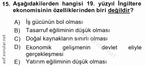 15. soru: Aşağıdakilerden hangisi 19. yüzyıl İngiltere ekonomisinin özelliklerinden biri değildir? A) İş gücünün bol olması B)…