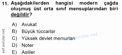 11. soru: Aşağıdakilerden hangisi modern çağda oluşmuş üst orta sınıf mensuplarından biri değildir? A) Avukat c) Yüksek devlet…