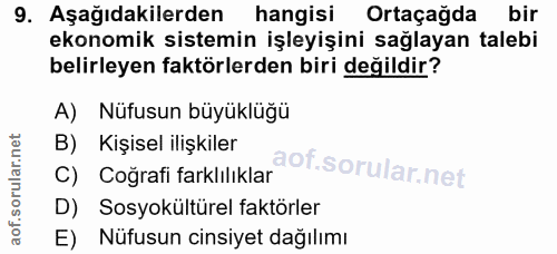 9. soru: Aşağıdakilerden hangisi Ortaçağda bir ekonomik sistemin işleyişini sağlayan talebi belirleyen faktörlerden biri değil…