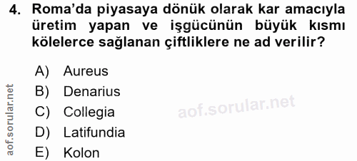 4. soru: Roma'da piyasaya dönük olarak kar amacıyla üretim yapan ve işgücünün büyük kısmı kölelerce sağlanan çiftliklere ne ad…