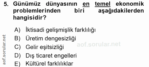 5. soru: Günümüz dünyasının en temel ekonomik problemlerinden biri aşagıdakılerden hangisidir? A) Iktisadi gelişmişlik farklıl…