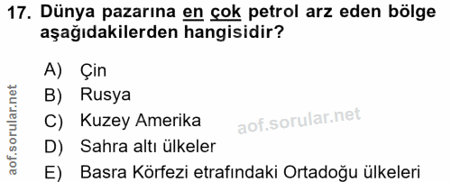 17. soru: Dünya pazarına en çok petrol arz eden bölge aşağıdakilerden hangisidir? A) Çin B) Rusya C) Kuzey Amerika D) Sahra alt…