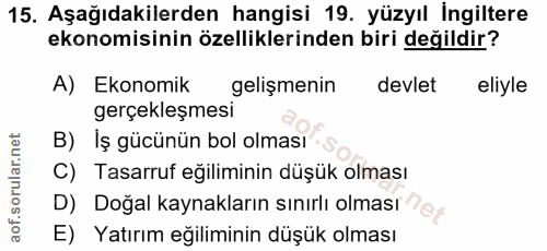 15. soru: Aşağıdakilerden hangisi 19. yüzyıl İngiltere ekonomisinin özelliklerinden biri değildir? A) Ekonomik gelişmenin devle…