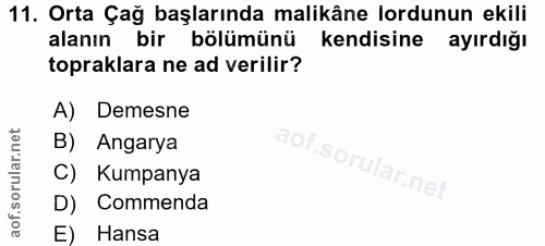 11. soru: Orta Çağ başlarında malikâne lordunun ekili alanın bir bölümünü kendisine ayırdığı topraklara ne ad verilir? A) Demes…