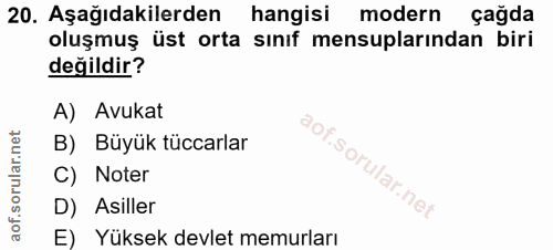 20. soru: Aşağıdakilerden hangisi modern çağda oluşmuş üst orta sınıf mensuplarından biri değildir? A) Avukat B) Büyük tüccarla…