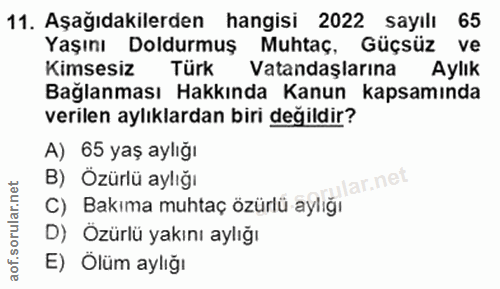 11. soru: Aşağıdakilerden hangisi 2022 sayılı 65 Yaşını Doldurmuş Muhtaç, Güçsüz ve Kimsesiz Türk Vatandaşlarına Aylık Bağlanma…