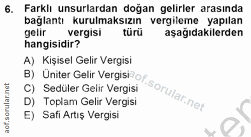 6. soru: Farklı unsurlardan doğan gelirler arasında bağlantı kurulmaksızın vergileme yapılan gelir vergisi türü aşağıdakilerde…
