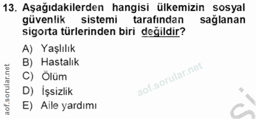 13. soru: Aşağıdakilerden hangisi ülkemizin sosyal güvenlik sistemi tarafından sağlanan sigorta türlerinden biri değildir? A) Y…