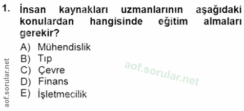 1. soru: insan kaynakları uzmanlarının aşağıdaki konulardan hangisinde eğitim almaları gerekir? A) Mühendislik B) Tip C) Çevre…
