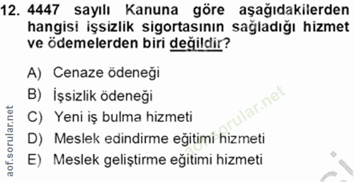 12. soru: 4447 sayılı Kanuna göre aşağıdakilerden hangisi işsizlik sigortasının sağladığı hizmet ve ödemelerden biri değildir?…