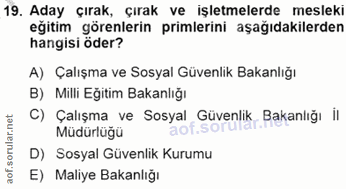 19. soru: Aday çırak, çırak ve işletmelerde mesleki eğitim görenlerin primlerini aşağıdakilerden hangisi öder? A) Çalışma ve So…