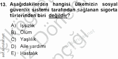 13. soru: Aşağıdakilerden hangisi ülkemizin sosyal güvenlik sistemi tarafından sağlanan sigorta türlerinden biri değildir? A) İ…