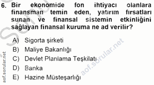 6. soru: Bir ekonomide fon ihtiyacı olanlara finansman temin eden, yatırım firsatları sunan ve finansal sistemin etkinligini s…