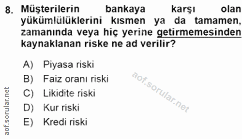 8. soru: Müşterilerin bankaya karşı olan yükümlülüklerini kısmen ya da tamamen, zamanında veya hiç yerine getirmemesinden kayn…