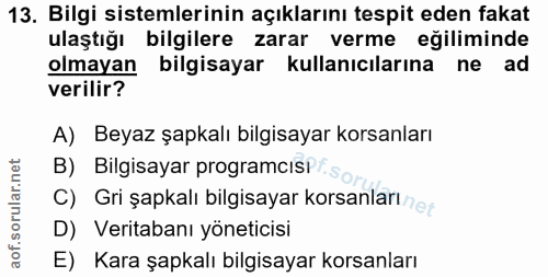 13. soru: Bilgi sistemlerinin açıklarını tespit eden fakat ulaştığı bilgilere zarar verme eğiliminde olmayan bilgisayar kullanı…