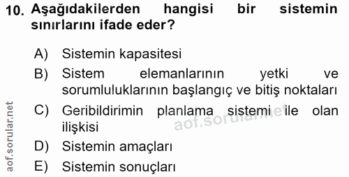 10. soru: Aşağıdakilerden hangisi bir sistemin sınırlarını ifade eder? A) Sistemin kapasitesi B) Sistem elemanlarının yetki ve…