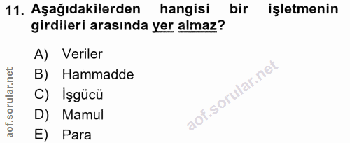 11. soru: Aşağıdakilerden hangisi bir işletmenin girdileri arasında yer almaz? A) Veriler B) Hammadde C) İşgücü D) Mamul E) Para