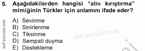 5. soru: Aşağıdakilerden hangisi "alnı kırıştırma" mimiğinin Türkler için anlamını ifade eder? A) Sevinme B) Sinirlenme C) Tik…