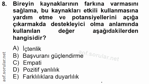 8. soru: Bireyin kaynaklarının farkına varmasını sağlama, bu kaynakları etkili kullanmasına yardım etme ve potansiyellerini aç…