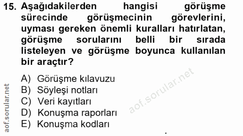 15. soru: Aşağıdakilerden hangisi görüşme sürecinde görüşmecinin görevlerini, uyması gereken önemli kuralları hatırlatan, görüş…