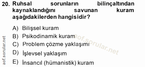 20. soru: Ruhsal sorunların bilinçaltından kaynaklandığını savunan kuram aşağıdakilerden hangisidir? A) Bilişsel kuram B) Psiko…