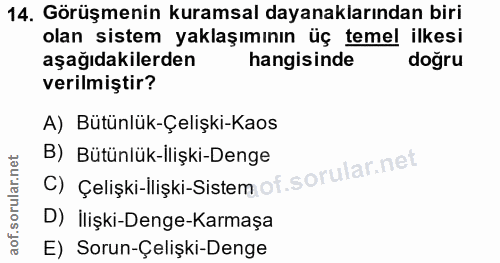 14. soru: Görüşmenin kuramsal dayanaklarından biri olan sistem yaklaşımının üç temel ilkesi aşağıdakilerden hangisinde doğru ve…
