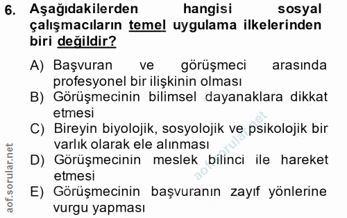 6. soru: Aşağıdakilerden hangisi sosyal çalışmacıların temel uygulama ilkelerinden biri değildir? A) Başvuran ve görüşmeci ara…