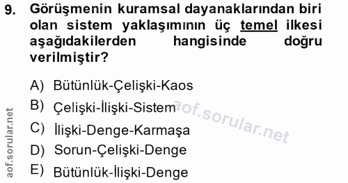9. soru: Görüşmenin kuramsal dayanaklarından biri olan sistem yaklaşımının üç temel ilkesi aşağıdakilerden hangisinde doğru ve…
