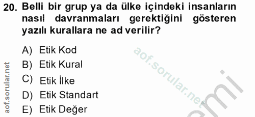 20. soru: Belli bir grup ya da ülke içindeki insanların nasıl davranmaları gerektiğini gösteren yazılı kurallara ne ad verilir?…