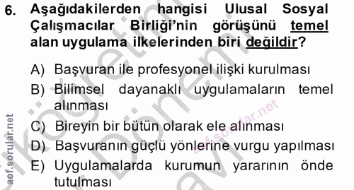 6. soru: Aşağıdakilerden hangisi Ulusal Sosyal Çalışmacılar Birliği'nin görüşünü temel alan uygulama ilkelerinden biri değildi…