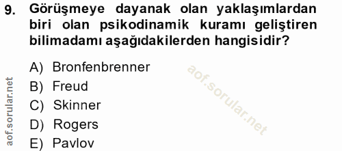 9. soru: Görüşmeye dayanak olan yaklaşımlardan biri olan psikodinamik kuramı geliştiren bilimadamı aşağıdakilerden hangisidir?…