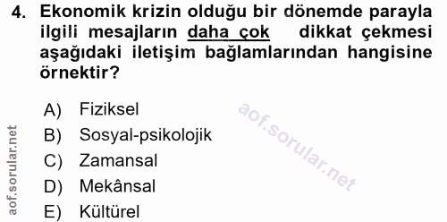 4. soru: Ekonomik krizin olduğu bir dönemde parayla ilgili mesajların daha çok dikkat çekmesi aşağıdaki iletişim bağlamlarında…