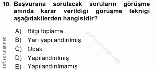 10. soru: Başvurana sorulacak soruların görüşme anında karar verildiği görüşme teknigi aşağıdakilerden hangisidir? A) Bilgi top…