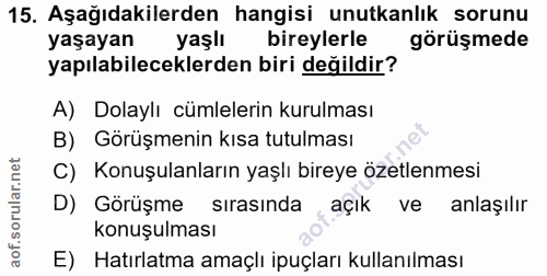 15. soru: Aşağıdakilerden hangisi unutkanlık sorunu yaşayan yaşlı bireylerle görüşmede yapılabileceklerden biri değildir? A) Do…