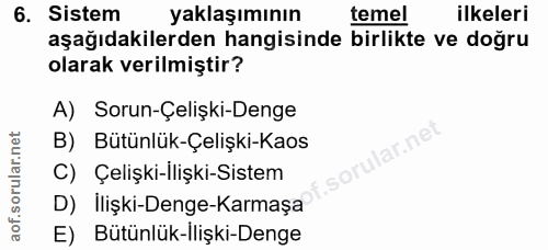 6. soru: Sistem yaklaşımının temel ilkeleri aşağıdakilerden hangisinde birlikte ve doğru olarak verilmiştir? A) Sorun-Çelişki-…