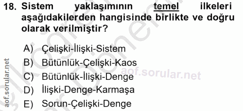 18. soru: Sistem yaklaşımının temel ilkeleri aşağıdakilerden hangisinde birlikte ve doğru olarak verilmiştir? A) Çelişki-Ilişki…