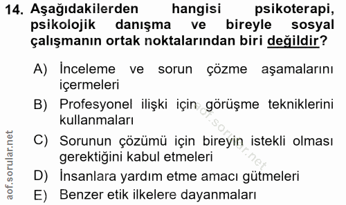 14. soru: Aşağıdakilerden hangisi psikoterapi, psikolojik danışma ve bireyle sosyal çalışmanın ortak noktalarından biri değildi…