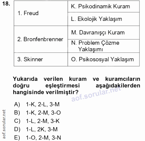18. soru: K. Psikodinamik Kuram 1. Freud L. Ekolojik Yaklaşım M. Davranışçı Kuram 2. Bronfenbrenner N. Problem Çözme Yaklaşımı…