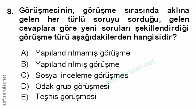 8. soru: Görüşmecinin, görüşme sırasında aklına gelen her türlü soruyu sorduğu, gelen cevaplara göre yeni soruları şekillendir…