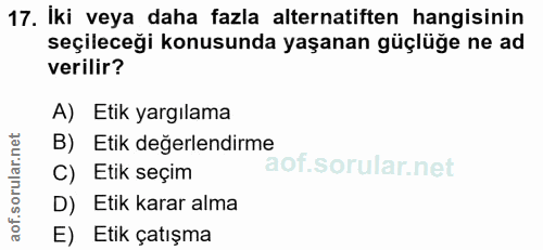 17. soru: Iki veya daha fazla alternatiften hangisinin seçileceği konusunda yaşanan güçlüğe ne ad verilir? A) Etik yargılama B)…