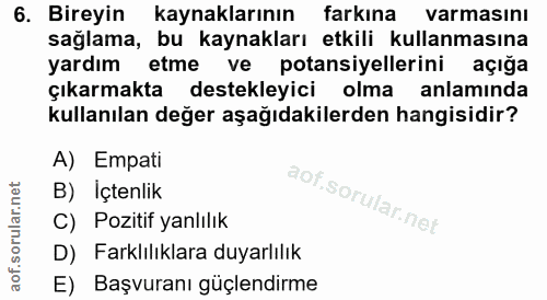 6. soru: Bireyin kaynaklarının farkına varmasını sağlama, bu kaynakları etkili kullanmasına yardım etme ve potansiyellerini aç…