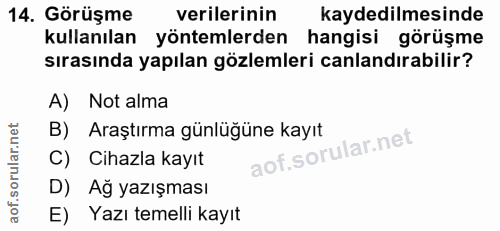 14. soru: Görüşme verilerinin kaydedilmesinde kullanılan yöntemlerden hangisi görüşme sırasında yapılan gözlemleri canlandırabi…